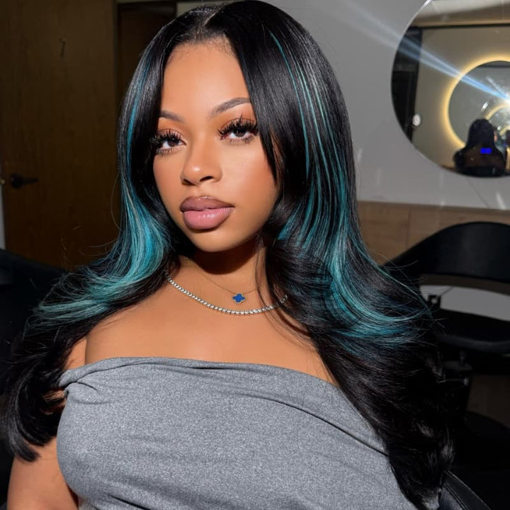 SZC Black With Teal Aqua Green Highlights 13x4 Lace Front Human Hair Wig