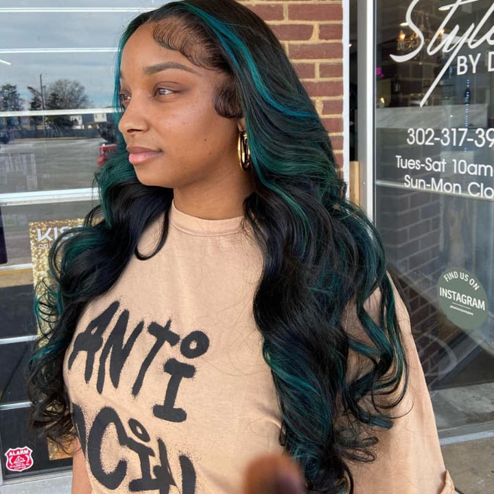 SZC Black With Teal Green Highlights Money Piece 13x4 Lace Front Human Hair Wig