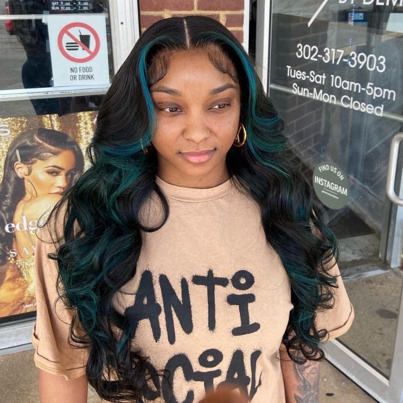 SZC Black With Teal Green Highlights Money Piece 13x4 Lace Front Human Hair Wig