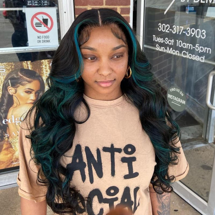 SZC Black With Teal Green Highlights Money Piece 13x4 Lace Front Human Hair Wig