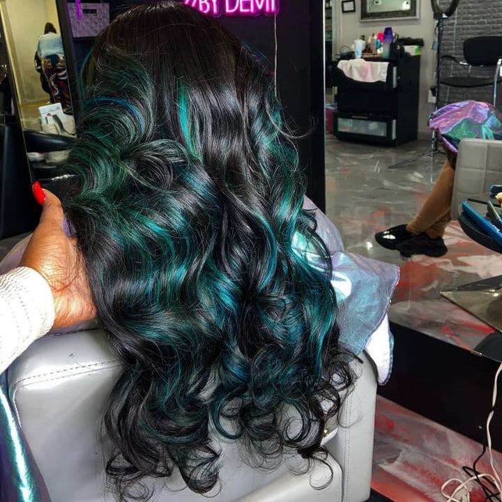 SZC Black With Teal Green Highlights Money Piece 13x4 Lace Front Human Hair Wig