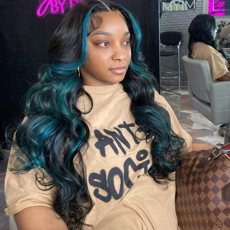 SZC Black With Teal Green Highlights Money Piece 13x4 Lace Front Human Hair Wig