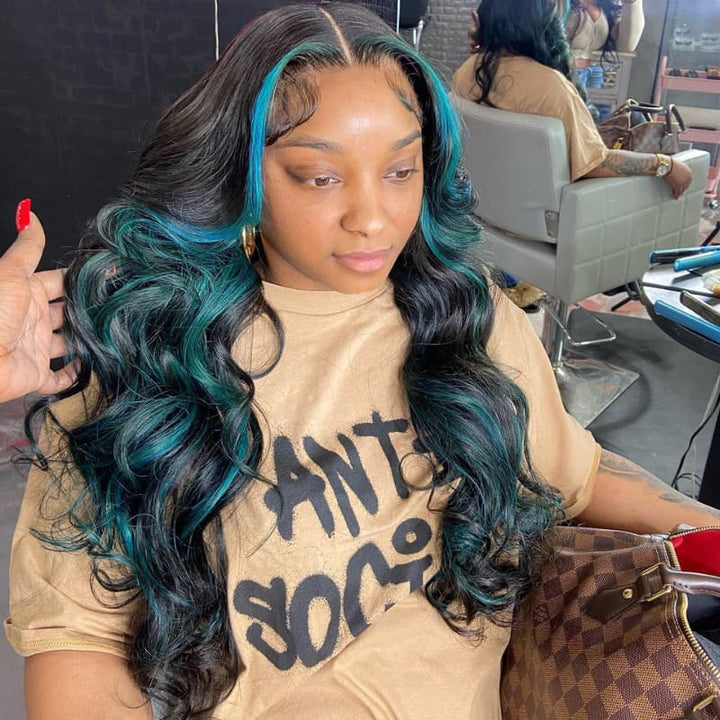 SZC Black With Teal Green Highlights Money Piece 13x4 Lace Front Human Hair Wig