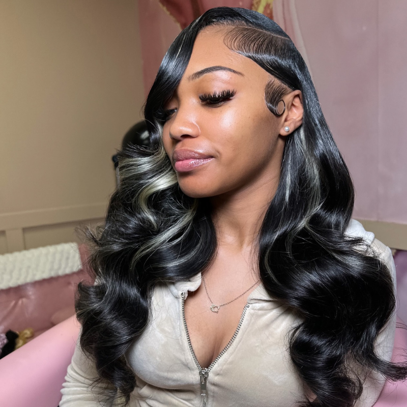 SZC Black with Ash Blonde Money Piece Highlights 13x4 Lace Front Human Hair Wig