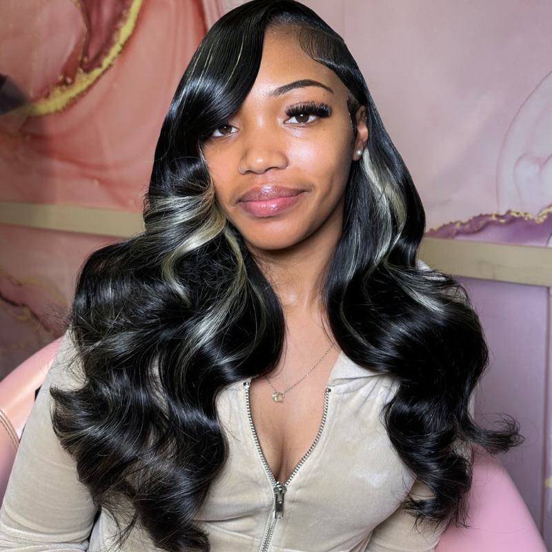 SZC Black with Ash Blonde Money Piece Highlights 13x4 Lace Front Human Hair Wig