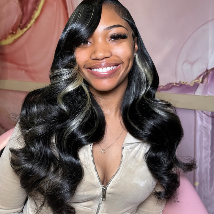 SZC Black with Ash Blonde Money Piece Highlights 13x4 Lace Front Human Hair Wig