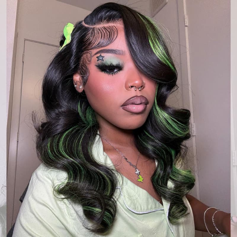 SZC Black with Green Highlights Money Piece Color 13x4 Lace Front Human Hair Wig