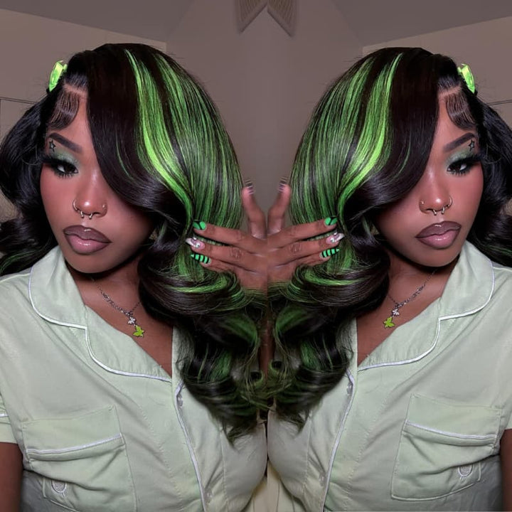 SZC Black with Green Highlights Money Piece Color 13x4 Lace Front Human Hair Wig