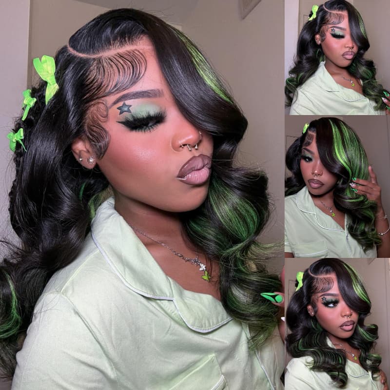 SZC Black with Green Highlights Money Piece Color 13x4 Lace Front Human Hair Wig
