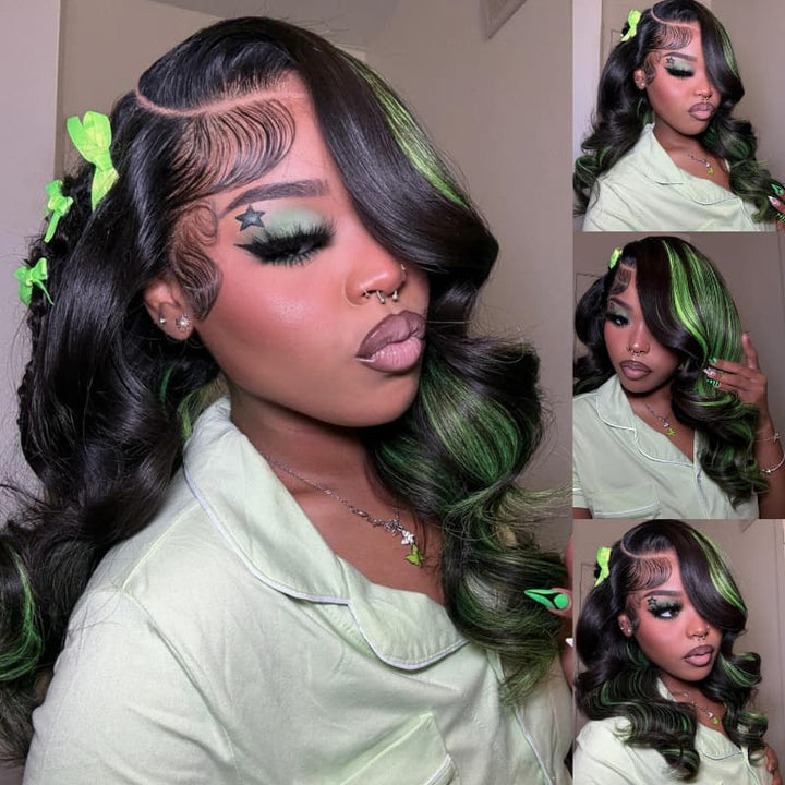SZC Black with Green Highlights Money Piece Color 13x4 Lace Front Human Hair Wig