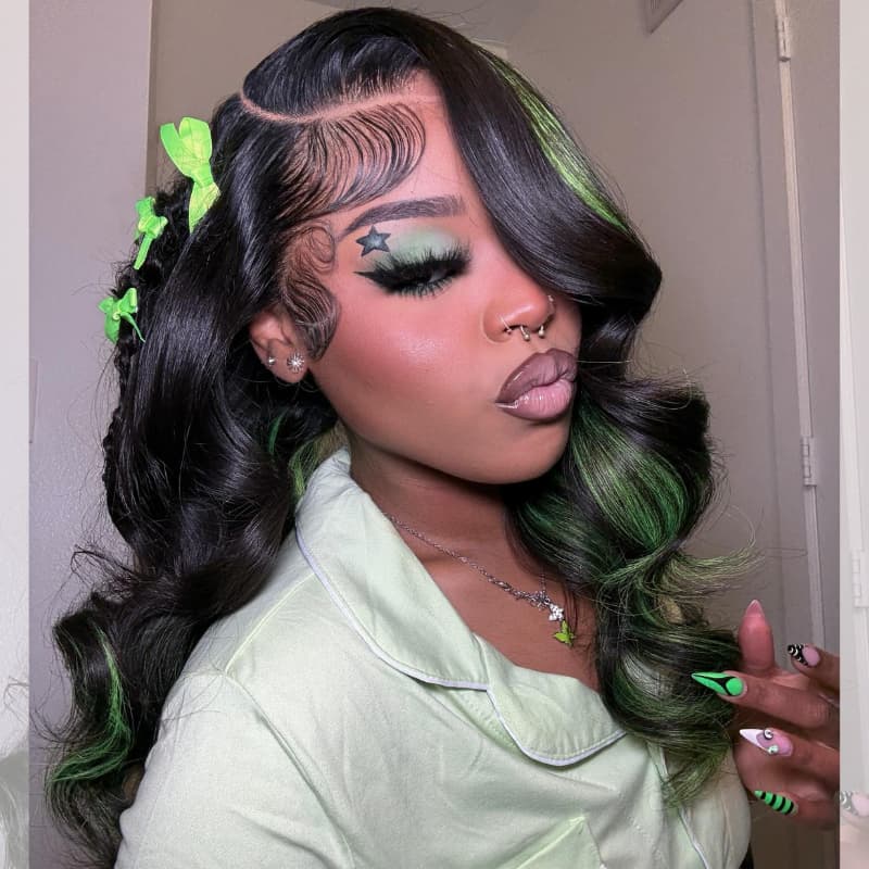 SZC Black with Green Highlights Money Piece Color 13x4 Lace Front Human Hair Wig