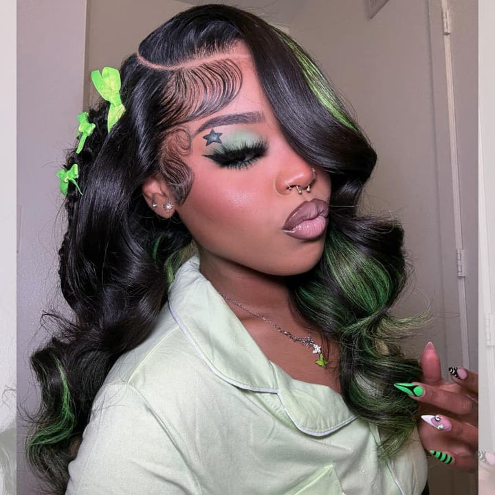 SZC Black with Green Highlights Money Piece Color 13x4 Lace Front Human Hair Wig