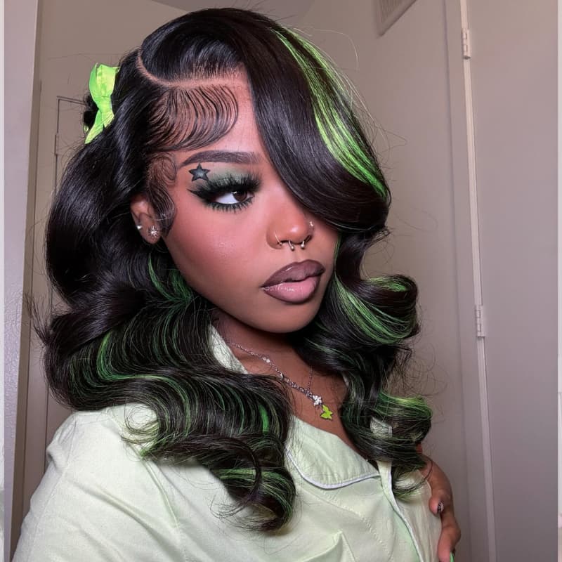 SZC Black with Green Highlights Money Piece Color 13x4 Lace Front Human Hair Wig