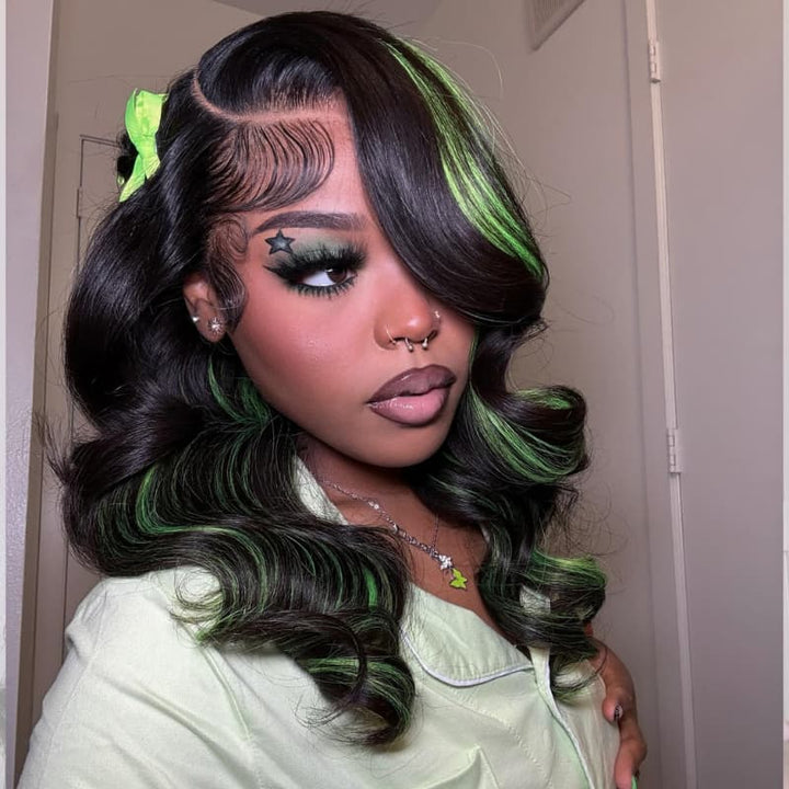 SZC Black with Green Highlights Money Piece Color 13x4 Lace Front Human Hair Wig