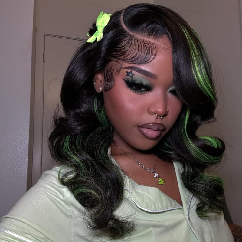 SZC Black with Green Highlights Money Piece Color 13x4 Lace Front Human Hair Wig