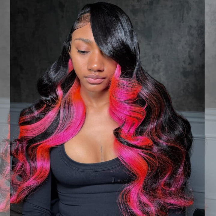 SZC Black with Hot Pink Cherry Red Highlights 13x4 Lace Front Virgin Remy Human Hair Wigs 200 Density