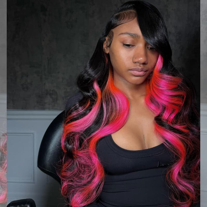 SZC Black with Hot Pink Cherry Red Highlights 13x4 Lace Front Virgin Remy Human Hair Wigs 200 Density