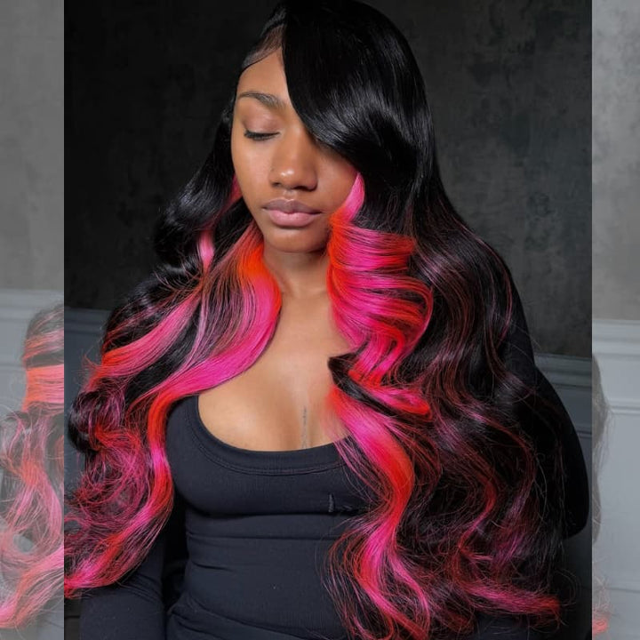 SZC Black with Hot Pink Cherry Red Highlights 13x4 Lace Front Virgin Remy Human Hair Wigs 200 Density
