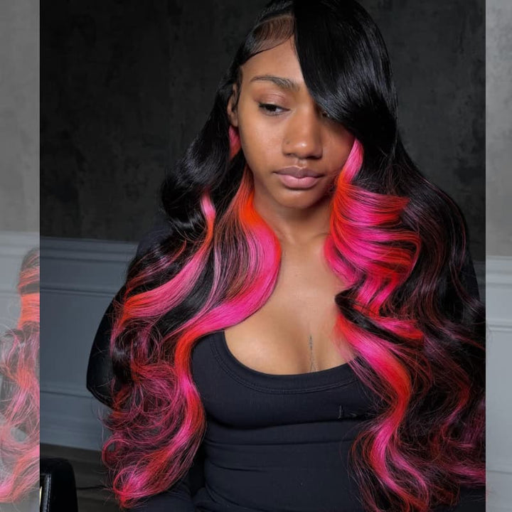 SZC Black with Hot Pink Cherry Red Highlights 13x4 Lace Front Virgin Remy Human Hair Wigs 200 Density