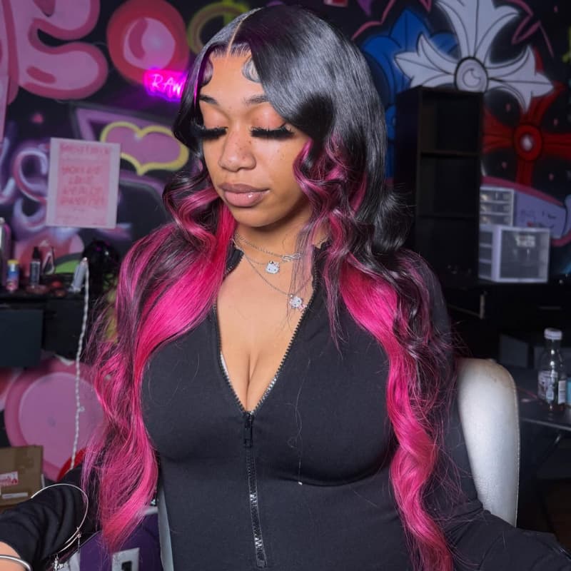 SZC Black with Hot Pink Money Piece Streaks 13x4 Lace Front Human Hair Wig