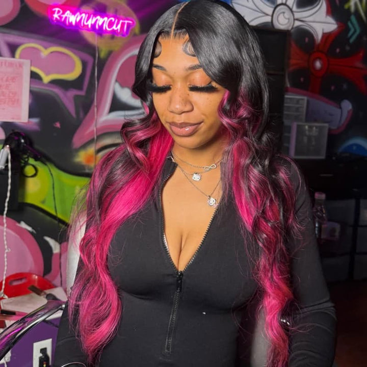 SZC Black with Hot Pink Money Piece Streaks 13x4 Lace Front Human Hair Wig