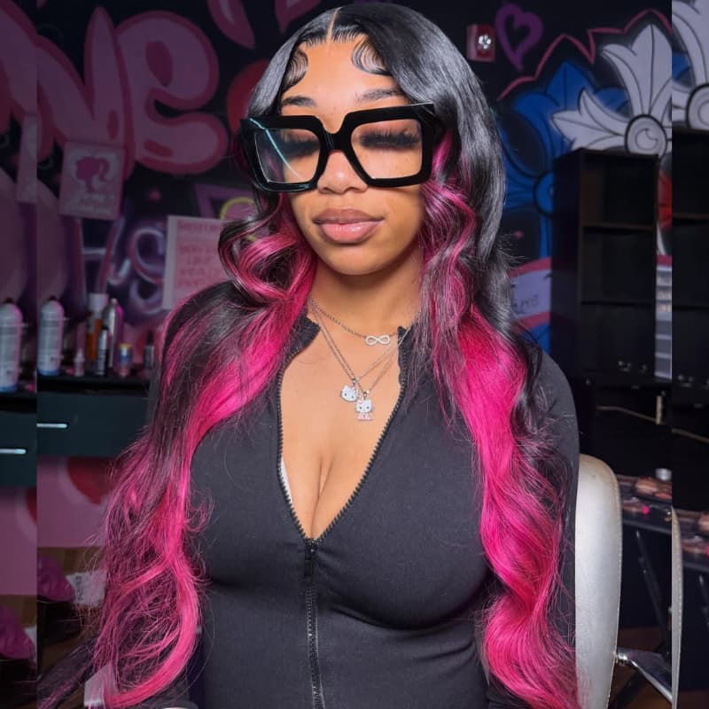 SZC Black with Hot Pink Money Piece Streaks 13x4 Lace Front Human Hair Wig