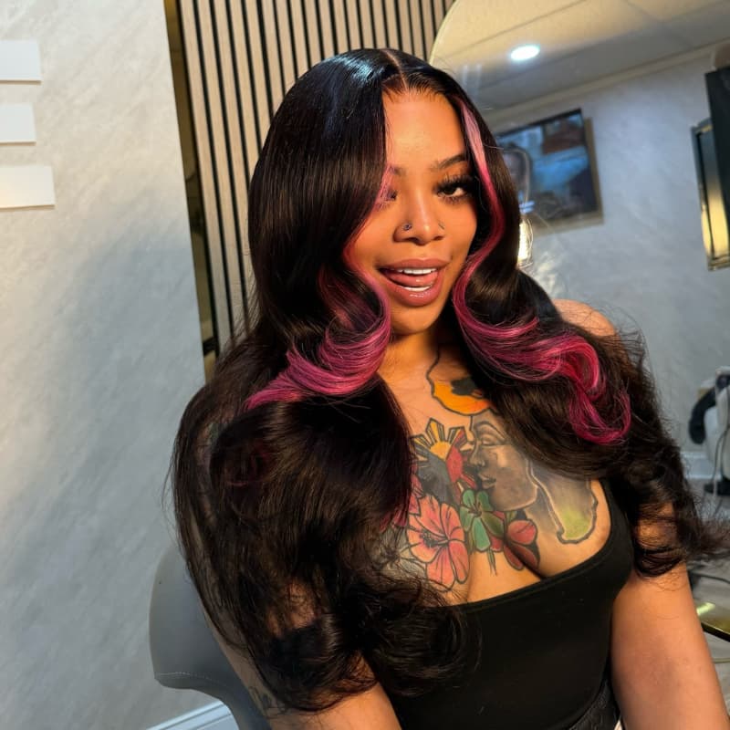 SZC Black with Rose Pink Face-Framing Skunk Stripe 13x4 Lace Front Human Hair Wigs 200 Density