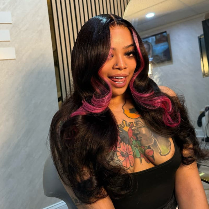 SZC Black with Rose Pink Face-Framing Skunk Stripe 13x4 Lace Front Human Hair Wigs 200 Density