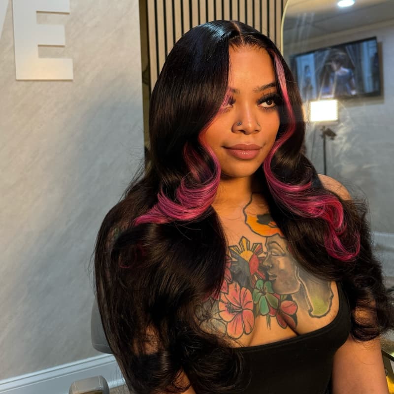 SZC Black with Rose Pink Face-Framing Skunk Stripe 13x4 Lace Front Human Hair Wigs 200 Density