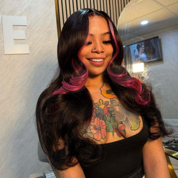 SZC Black with Rose Pink Face-Framing Skunk Stripe 13x4 Lace Front Human Hair Wigs 200 Density