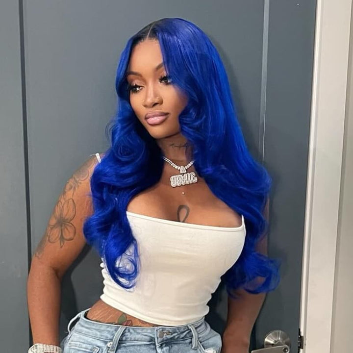 SZC Blue With Dark Roots 13x4 Lace Front Virgin Remy Human Hair Wigs 200 Density