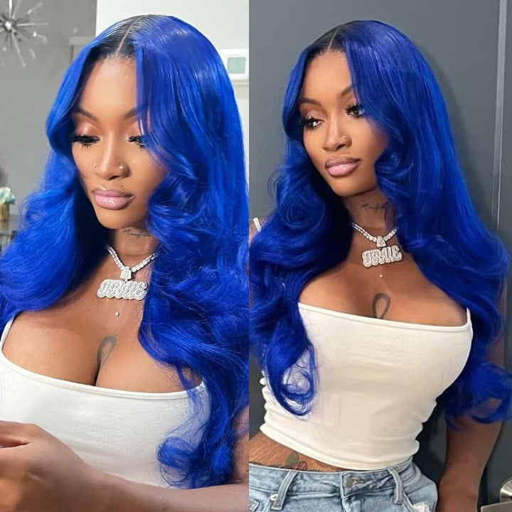 SZC Blue With Dark Roots 13x4 Lace Front Virgin Remy Human Hair Wigs 200 Density