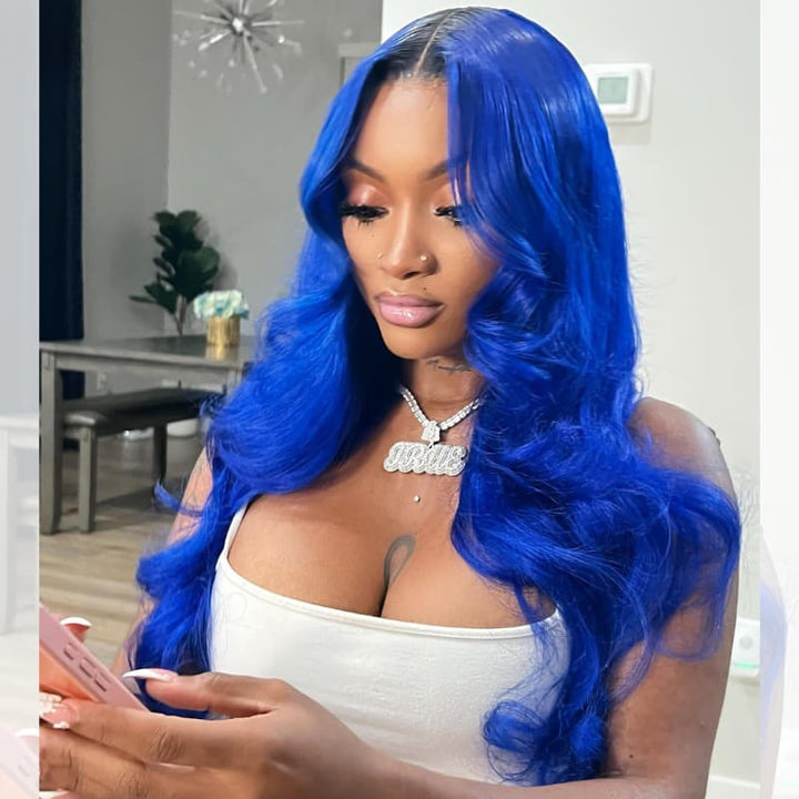 SZC Blue With Dark Roots 13x4 Lace Front Virgin Remy Human Hair Wigs 200 Density
