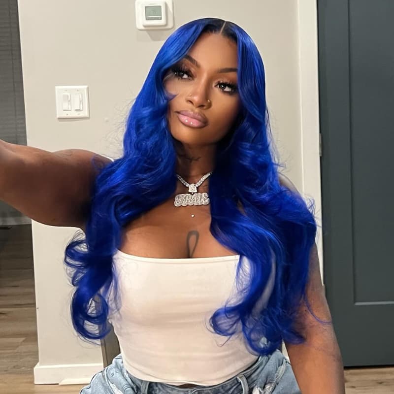 SZC Blue With Dark Roots 13x4 Lace Front Virgin Remy Human Hair Wigs 200 Density