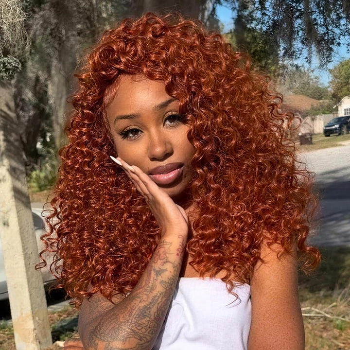 SZC Bouncy Springy Coils Tight Curly Copper Reddish Orange Brown 300 Density 13x4 Lace Front Human Hair Wig