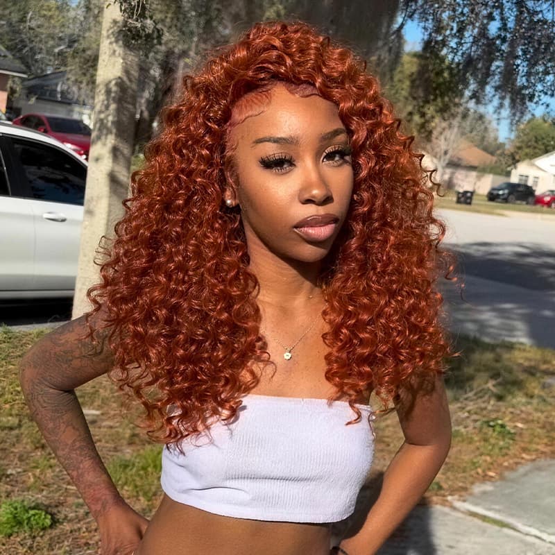 SZC Bouncy Springy Coils Tight Curly Copper Reddish Orange Brown 300 Density 13x4 Lace Front Human Hair Wig