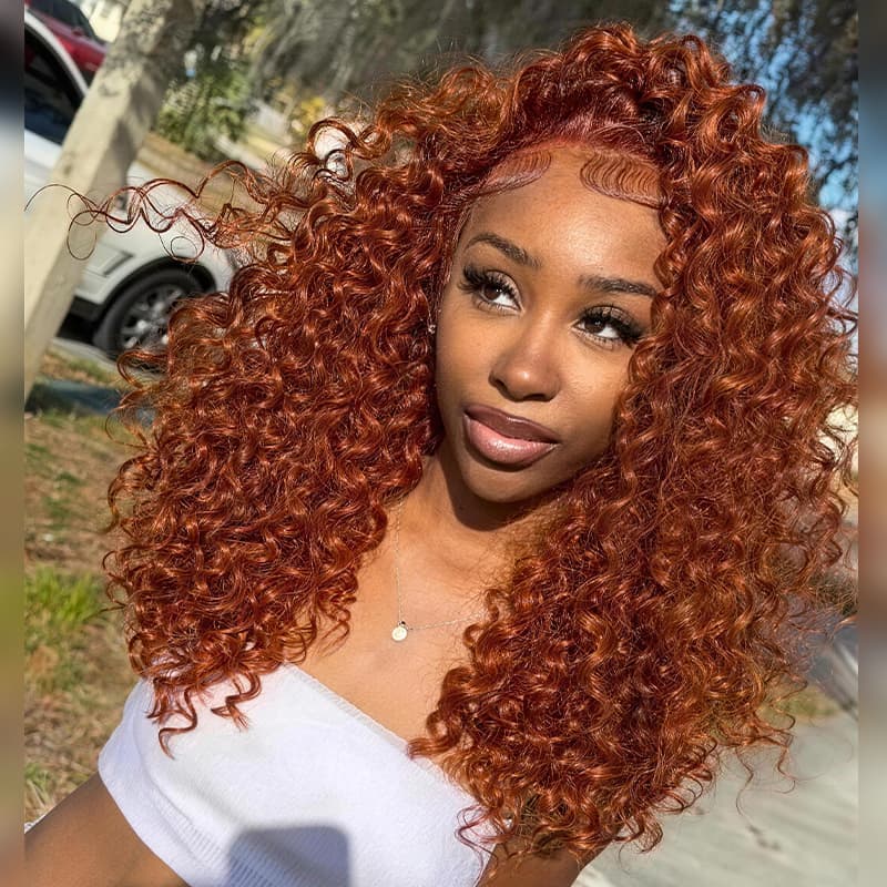 SZC Bouncy Springy Coils Tight Curly Copper Reddish Orange Brown 300 Density 13x4 Lace Front Human Hair Wig