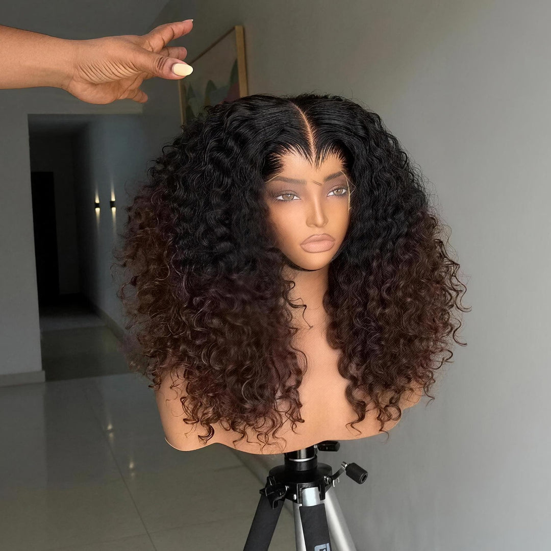 SZC Bouncy Springy Coils Tight Curly Ombre Black Brown 300 Density 13x4 Lace Front Human Hair Wig