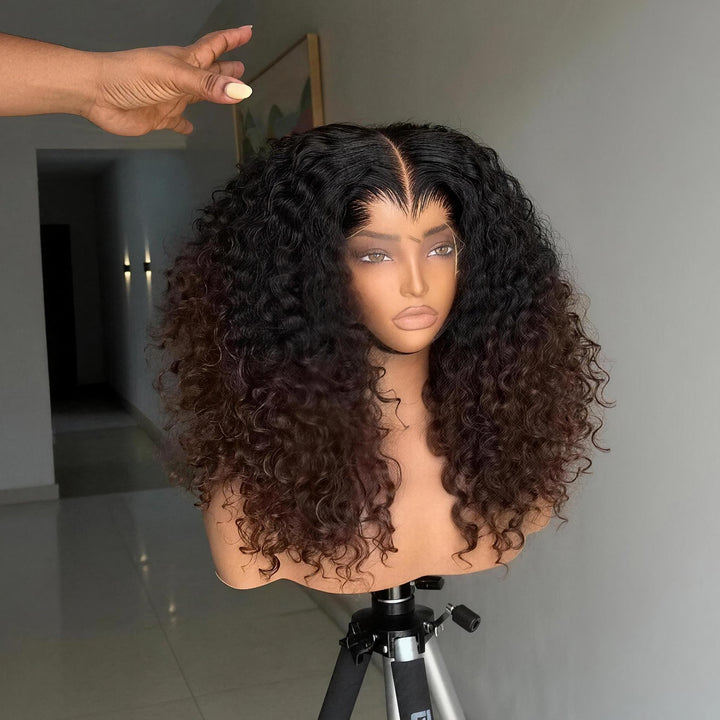 SZC Bouncy Springy Coils Tight Curly Ombre Black Brown 300 Density 13x4 Lace Front Human Hair Wig