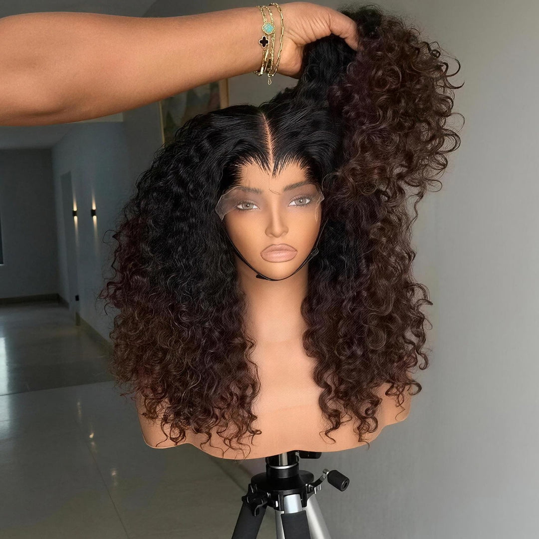 SZC Bouncy Springy Coils Tight Curly Ombre Black Brown 300 Density 13x4 Lace Front Human Hair Wig