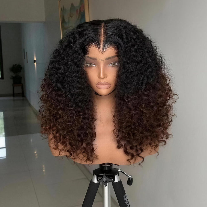 SZC Bouncy Springy Coils Tight Curly Ombre Black Brown 300 Density 13x4 Lace Front Human Hair Wig