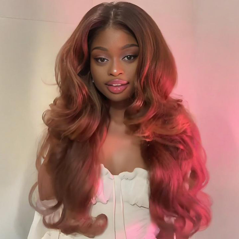 SZC Brown Curtain Bangs Full Body & Natural Wave 13x4 Lace Front Human Hair Wigs