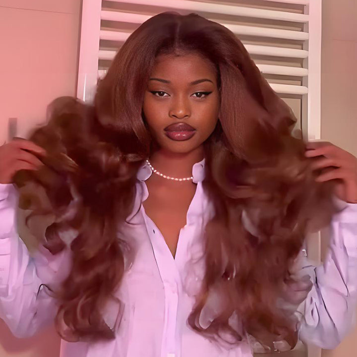 SZC Brown Curtain Bangs Full Body & Natural Wave 13x4 Lace Front Human Hair Wigs