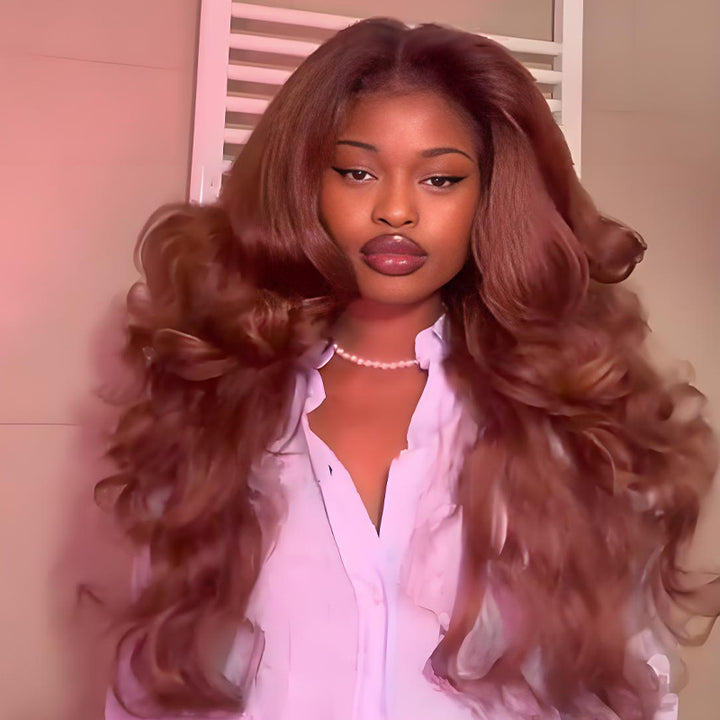 SZC Brown Curtain Bangs Full Body & Natural Wave 13x4 Lace Front Human Hair Wigs