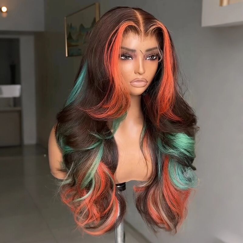SZC Brown With Bold Coral Peach Orange Mint Green Highlights 13X4 Lace Front Human Hair Wigs