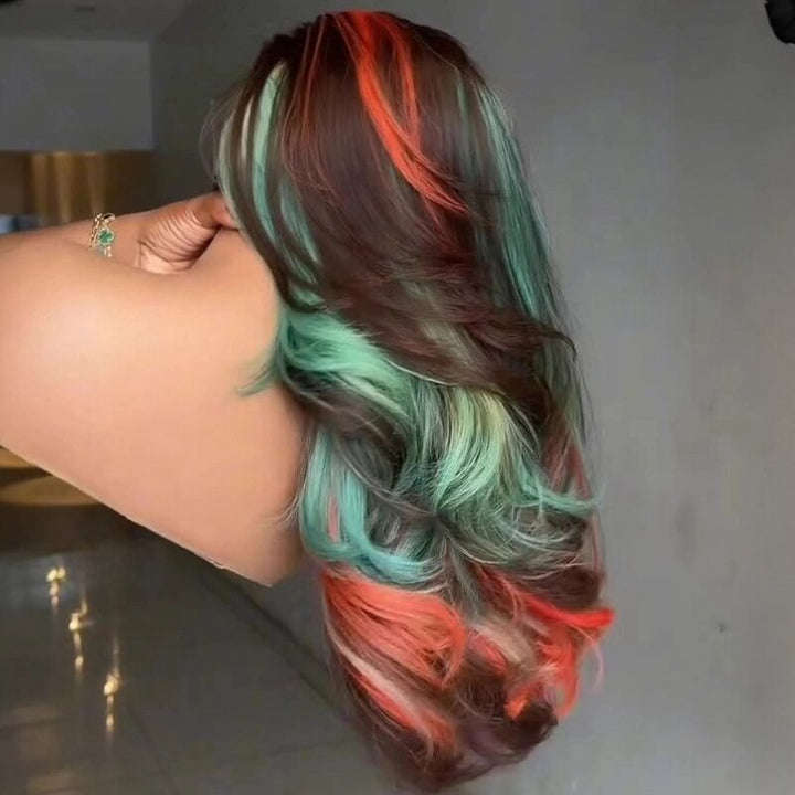 SZC Brown With Bold Coral Peach Orange Mint Green Highlights 13X4 Lace Front Human Hair Wigs