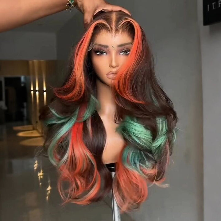 SZC Brown With Bold Coral Peach Orange Mint Green Highlights 13X4 Lace Front Human Hair Wigs
