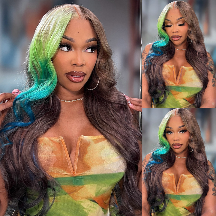 SZC Brown With Ombre Blonde Green Blue Streaks 13x4 Lace Front Remy Human Hair Wigs