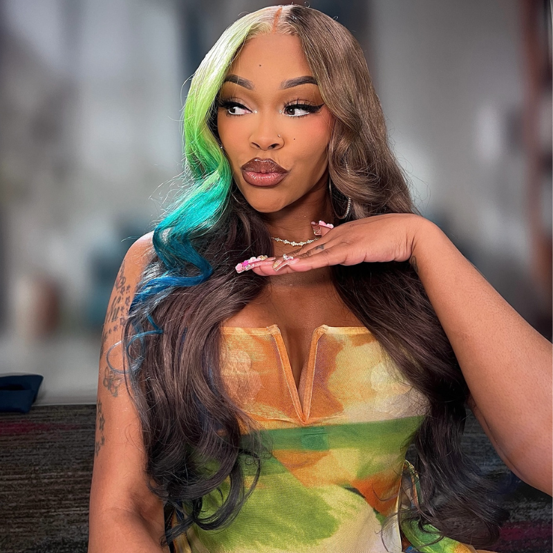SZC Brown With Ombre Blonde Green Blue Streaks 13x4 Lace Front Remy Human Hair Wigs