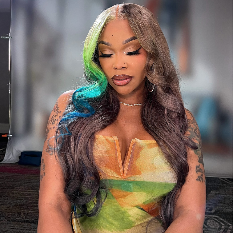 SZC Brown With Ombre Blonde Green Blue Streaks 13x4 Lace Front Remy Human Hair Wigs